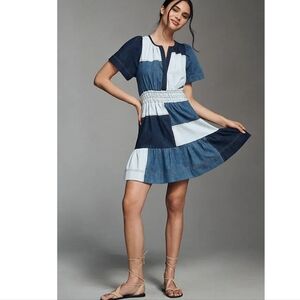 Anthropologie | The Somerset Demin Blue Patchwork Dress Medium